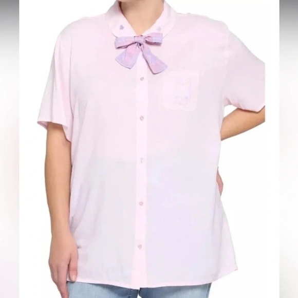 Hot Topic Button Down Blouse Preppy Size XL Cute Plaid Neck Bow Accent - Picture 2 of 7